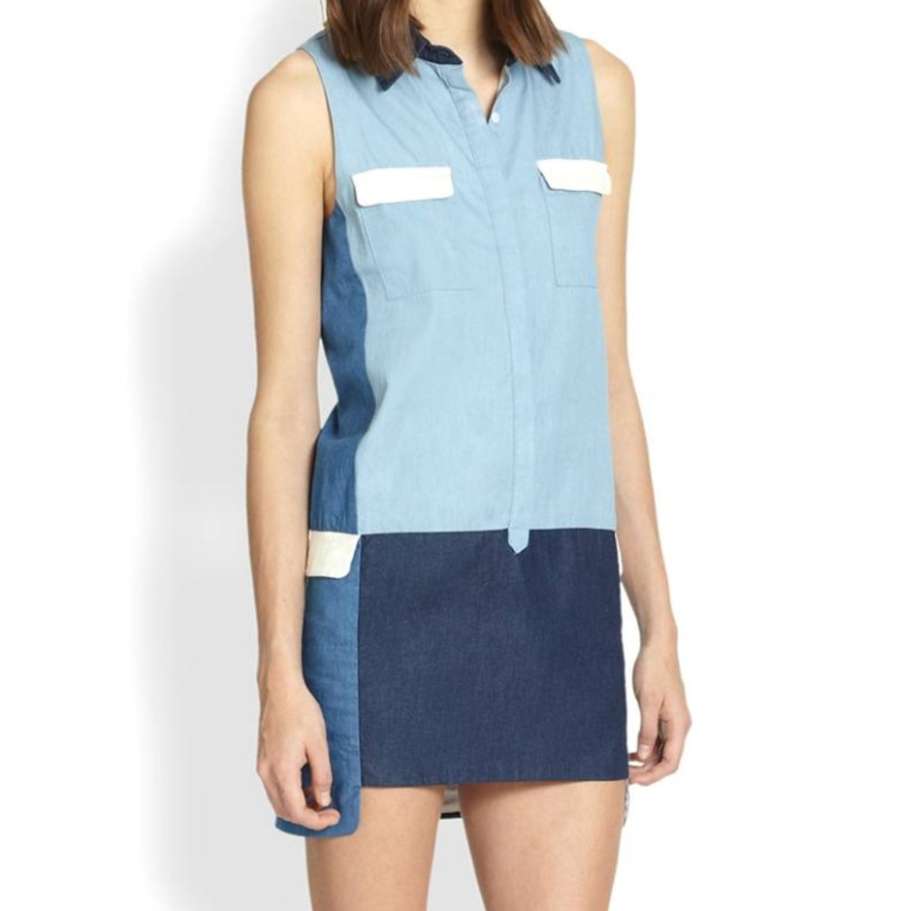 Line and Dot Colorblock Denim Shirt Dress
